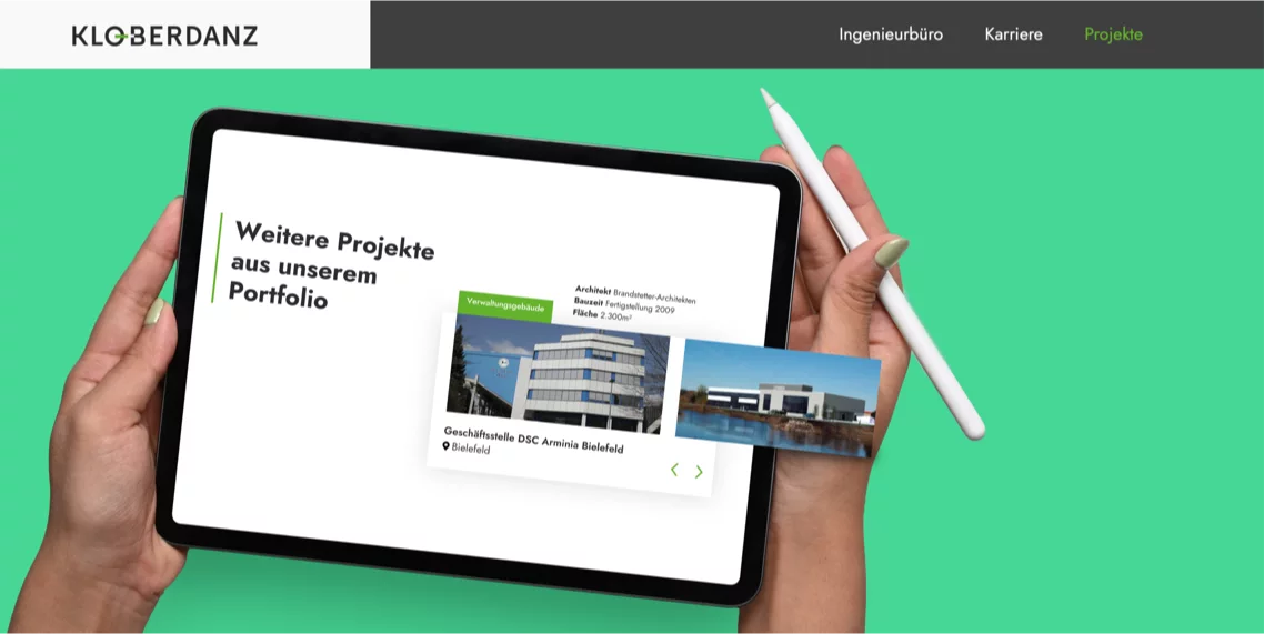 Vorschaubild des Kunden Ingenieurbüro Kloberdanz, welches die Website auf einem Tablet-Computer dargestellt zeigt.