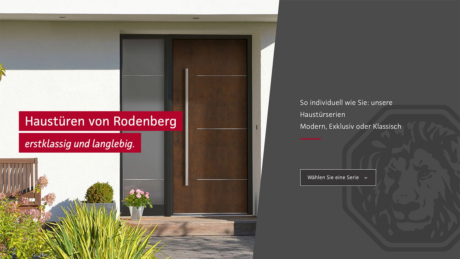 Startseite von Rodenberg, welche eine Haustür und die dazugehörige Headline zeigt: Haustüren von Rodenberg. Erstklassig und langlebig