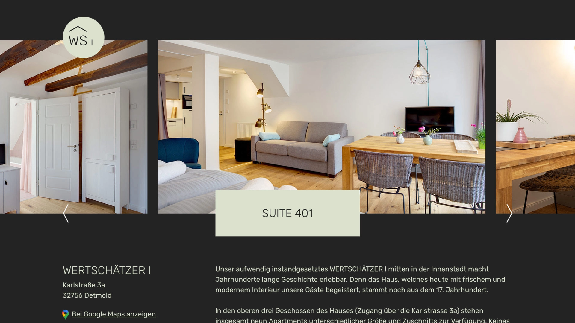 Ausschnitt der Wertschäter-Website, welcher eine Suite des Hotels zeigt